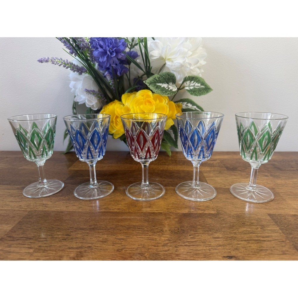 VMC France Harlequin Cut Crystal‎ Cordial Glasses Green Blue Yellow Ruby MCM Bar